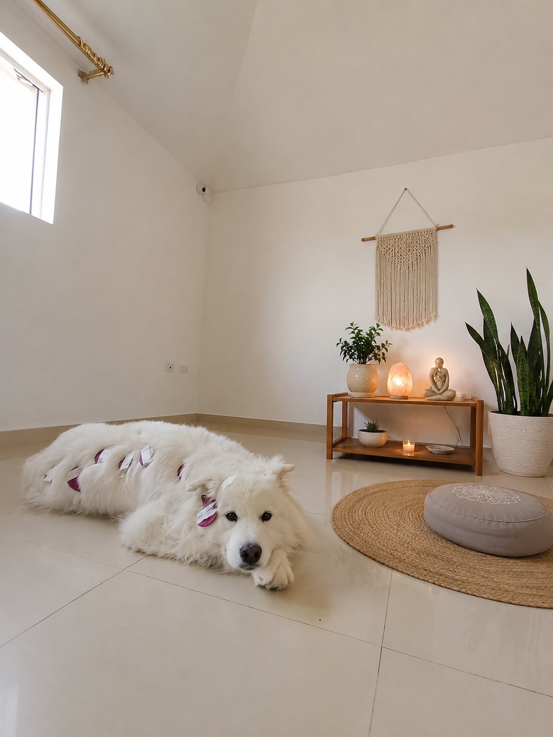 Medicina de Regulación en KRAVet, Sangolquí: un perro en una sesión de bienestar con parches de terapia