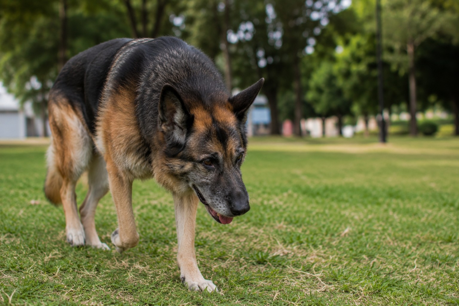 Artrosis en perros: pastor alemán senior caminando con esfuerzo sobre el césped