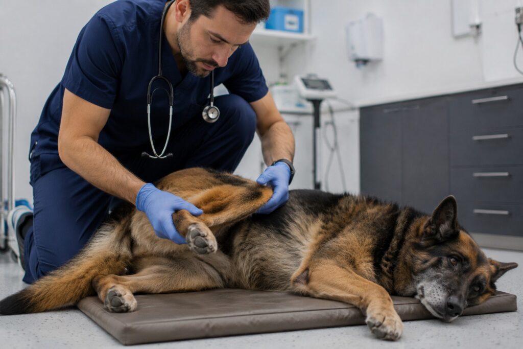 Artrosis en perros: veterinario revisando las articulaciones de un pastor alemán senior