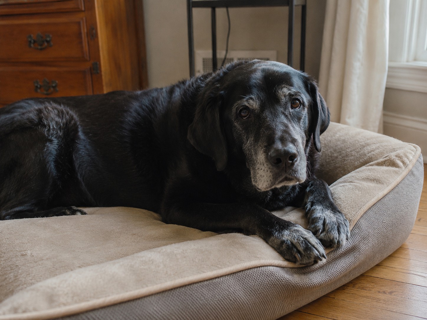 Dolor articular en perros: perro mayor descansando en una cama ortopédica firme para aliviar la presión en sus articulaciones