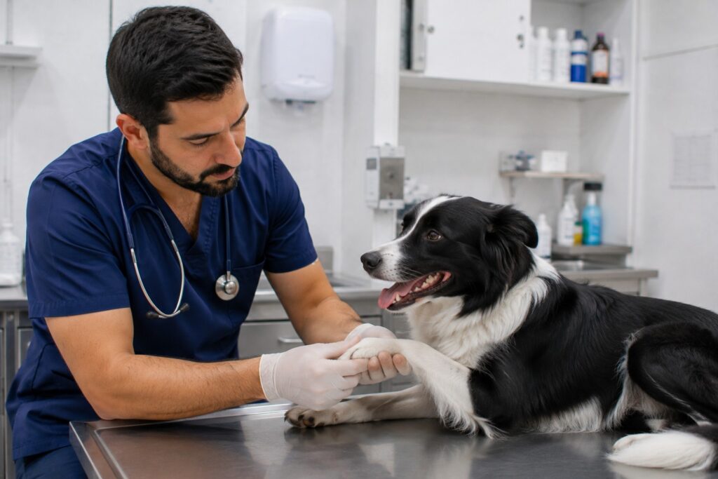 Fractura en perros: veterinario revisando la pata de un border collie tras un golpe