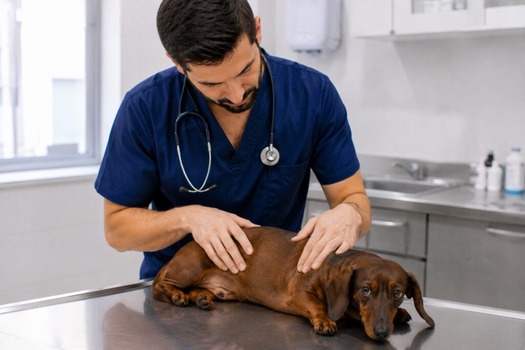 Hernia discal en perros: veterinario evaluando con cuidado la espalda de un salchicha (dachshund)