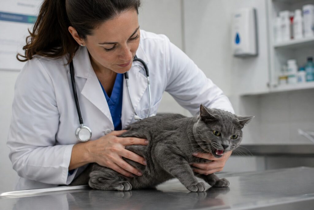 Infección urinaria en gatos: gato gris examinado en la mesa veterinaria por molestias al orinar