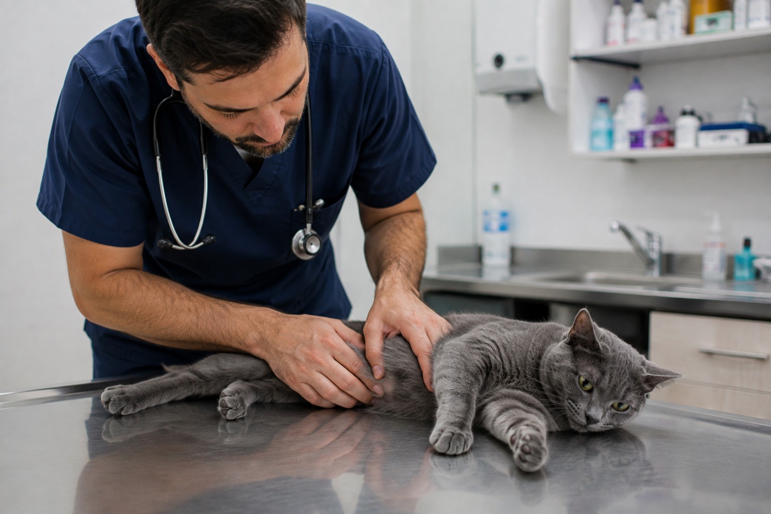 Infección urinaria en gatos: revisión veterinaria de un gato gris con molestias urinarias
