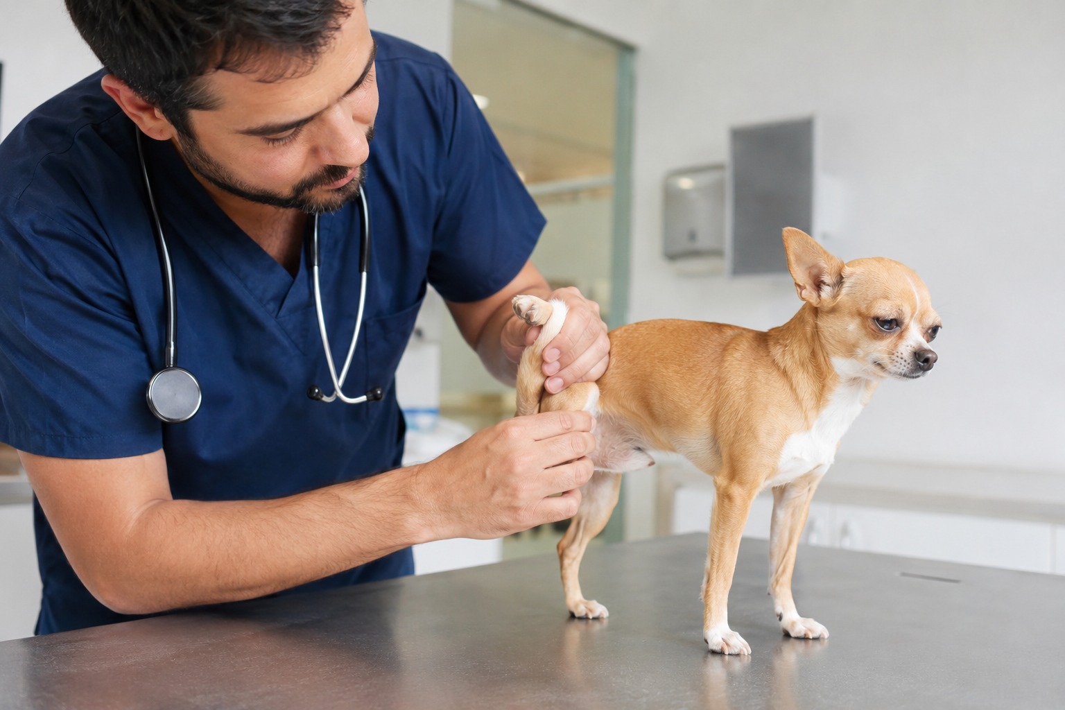 Luxación en perros: veterinario revisando la articulación afectada de un chihuahua