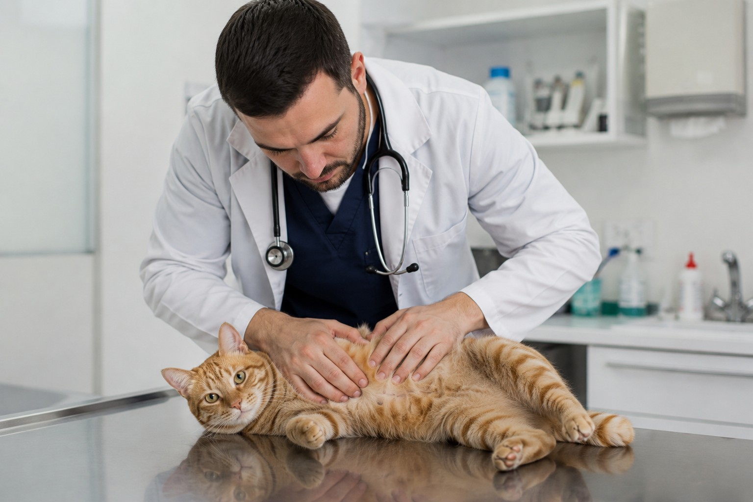 Mi gato no come: gato atigrado siendo revisado en la clínica veterinaria para encontrar la causa