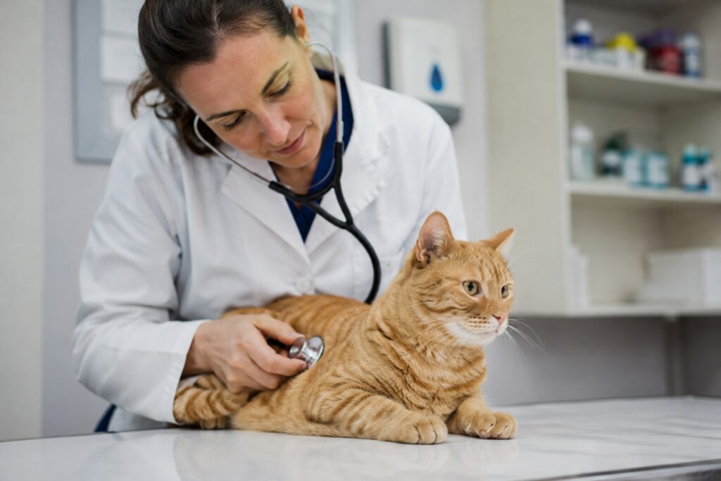 Mi gato no come: veterinaria auscultando a un gato atigrado que rechaza la comida