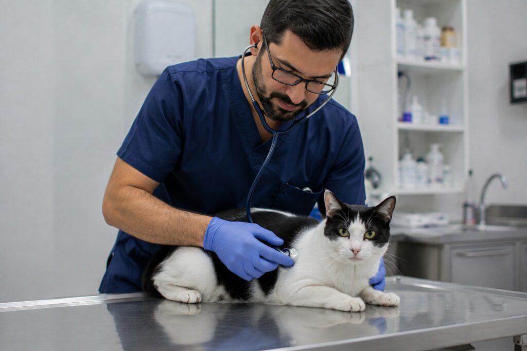 Mi gato vomita: veterinario revisando a un gato blanco y negro con vómitos frecuentes