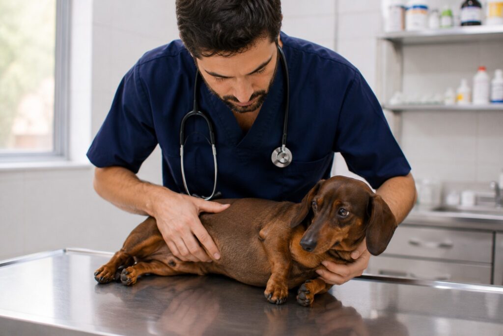 Mi perro no come: veterinario revisando a un salchicha (dachshund) que rechaza el alimento