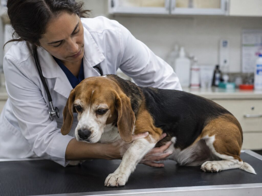 Mi perro tiene diarrea: veterinario revisando a un beagle con molestias digestivas