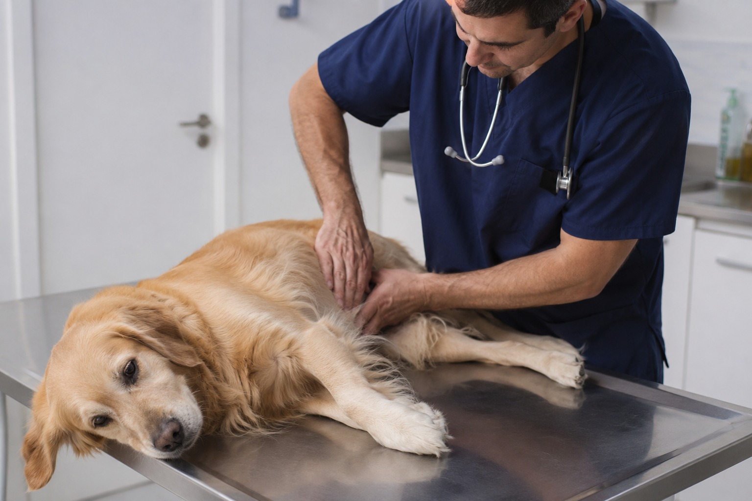 Perro come pasto y vomita: revisión veterinaria a un golden retriever tras episodios repetidos
