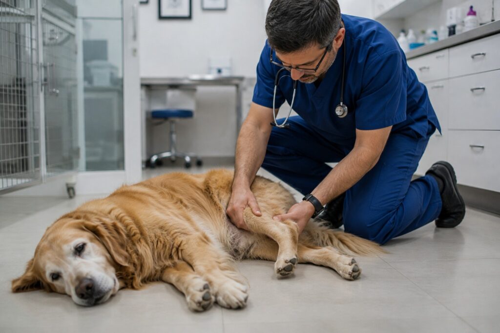 Perro no puede caminar: veterinario evaluando con calma a un golden retriever senior que perdió movilidad