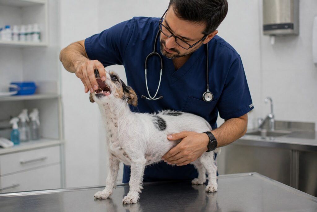 Perro vomita amarillo: veterinario revisando a un fox terrier con vómito bilioso