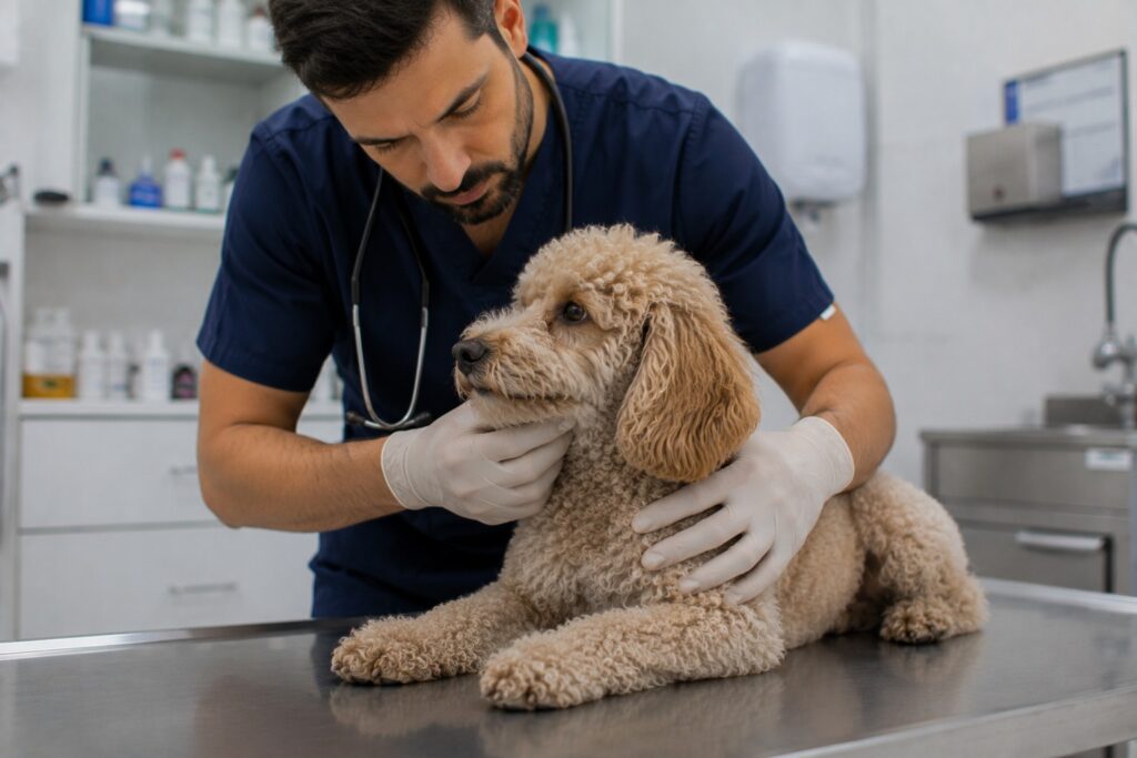 Sangre en heces de perro: veterinario examinando a un caniche con este síntoma